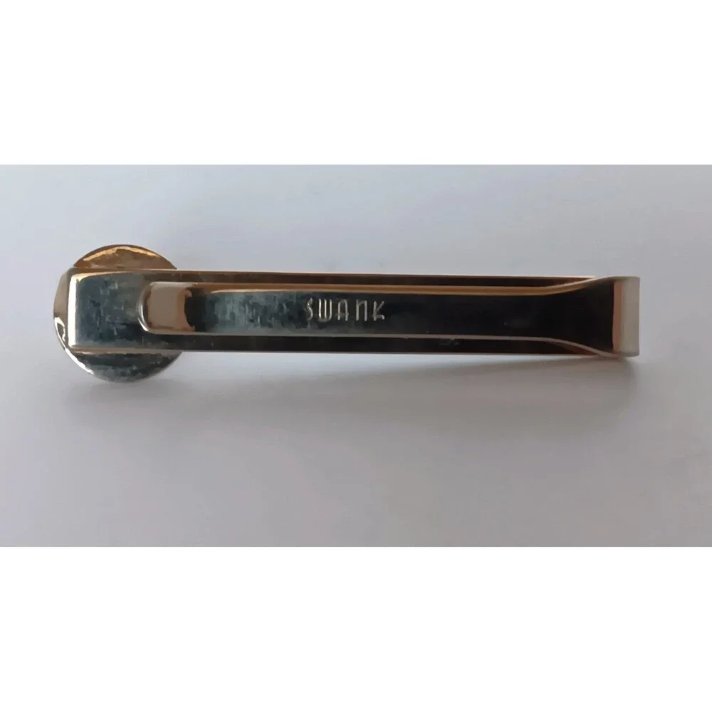 Vintage Swank Signed Goldtone Faux Pearl Tie Bar Clip Gator Clasp - Picture 3 of 4